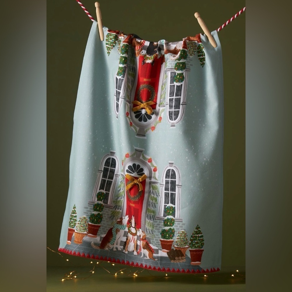 Anthropologie Dog Carolers Dish Towel NEW